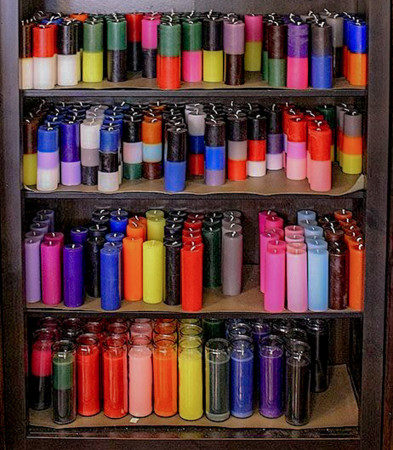 various candles for the candle magic workshop in Los Angeles