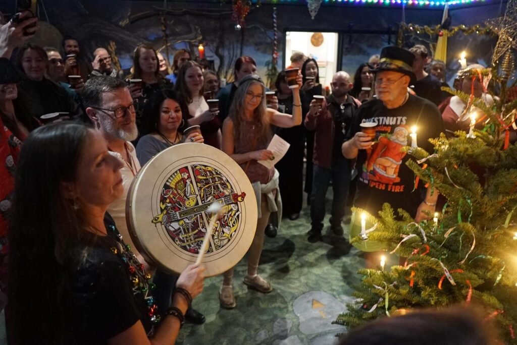 A group of people around a tree